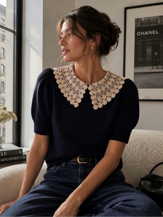 Caroline Constas Sweaters - Gorgeous 💙 Caroline Constas Navy Knit Sweater with Crochet Collar +Puff Sleeves!